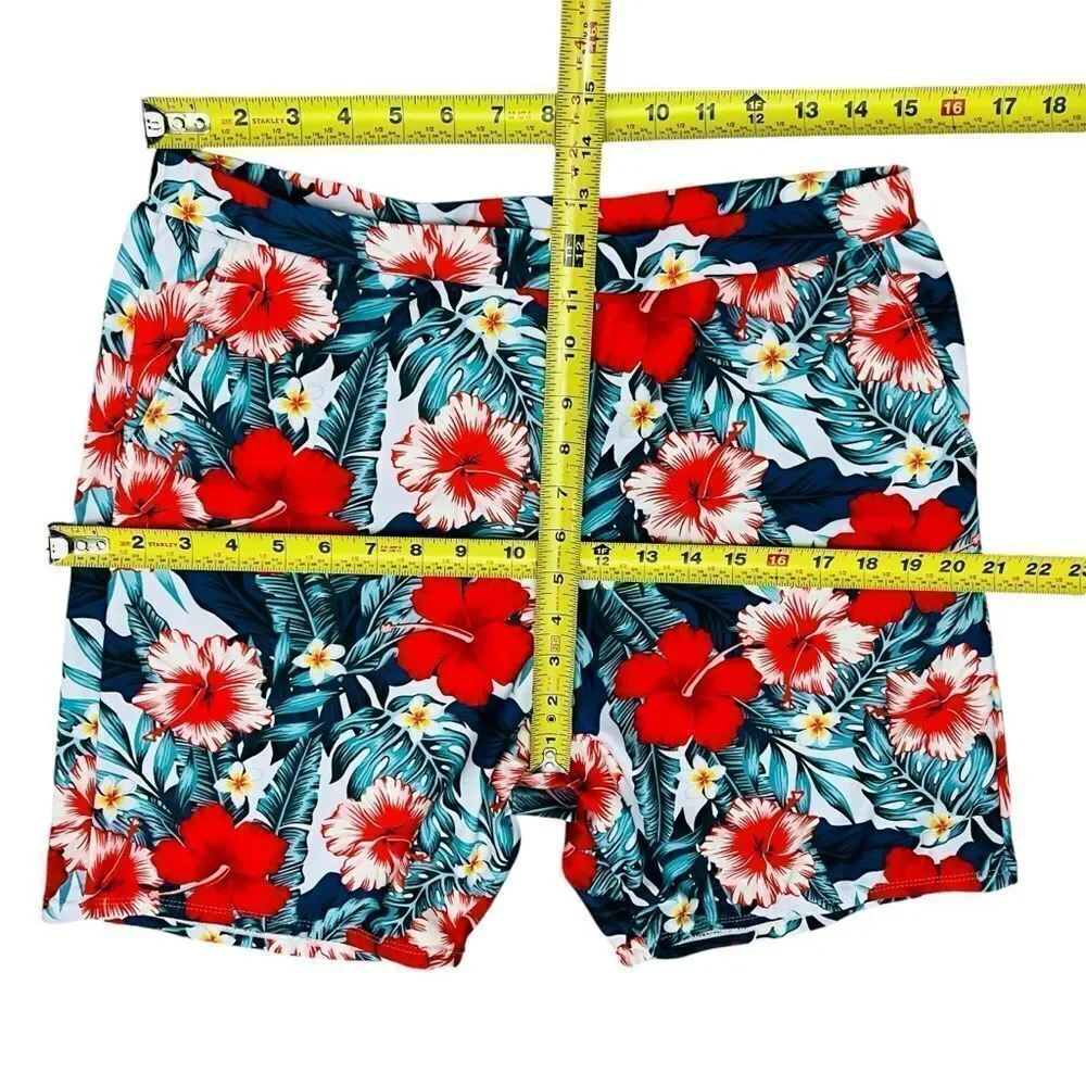 PatPat Swimsuit Men’s Red Green Tropical Hibiscus Trunks Shorts Pull On NWOT